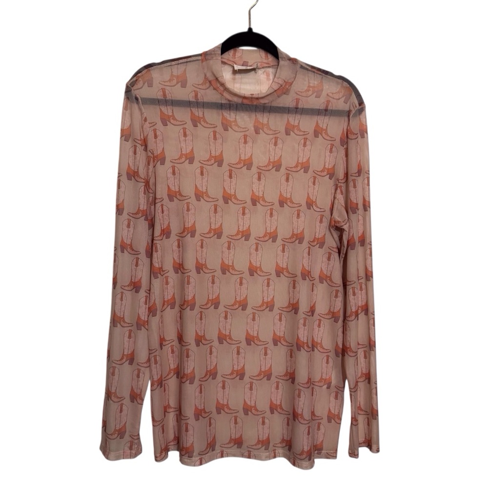 Avery Apparel Large Pink Cowboy Boots Sheer Blouse Top Western Mesh Long Sleeve